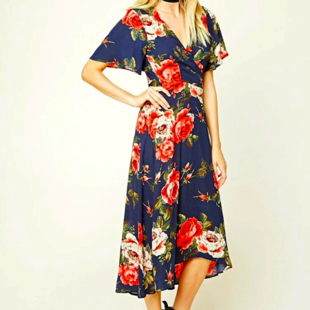 Forever 21 | Navy Wrap Dress with Red Florals